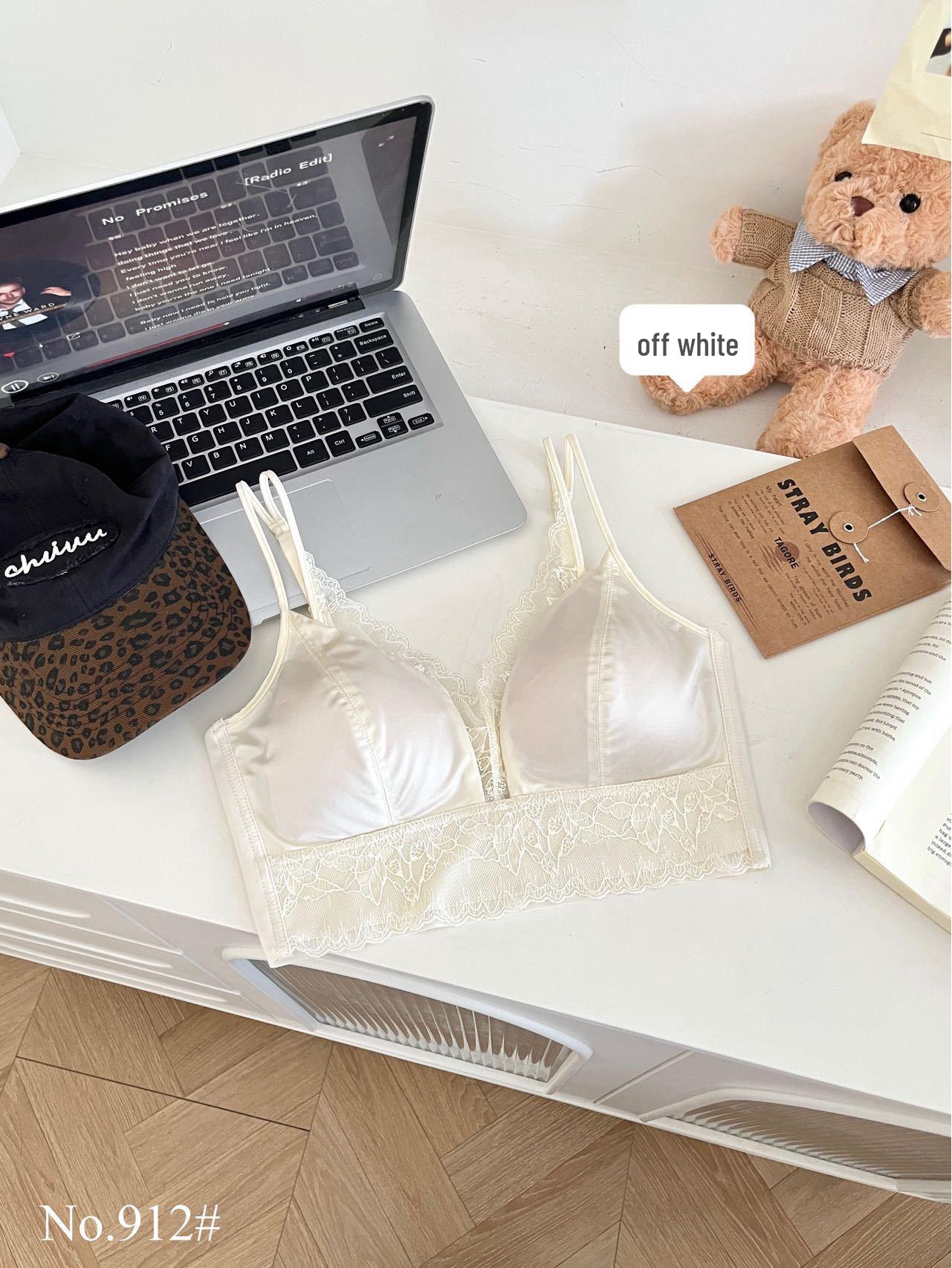 Беспроводное бюстгальтер-пуш-ап и трусики из французского кружева и сатина - Летний тонкий комплект из двух предметов с красивым дизайном спинки Medium кремовый/белый