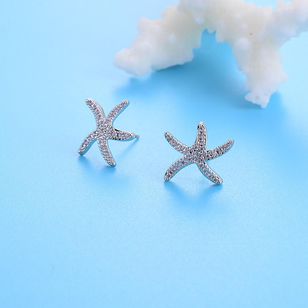 Women Starfish Shape Diamante S925 Silver Needle Zircon Earrings