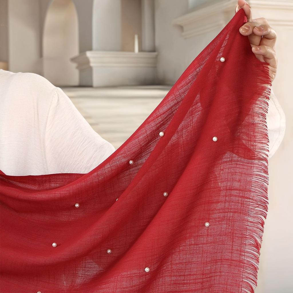 Soild Remove Edge Cotton Bamboo Scarf With Pearls Muslim Hijab Long Shawl Elegant Pearl Headscarf Soft Comfortable Cotton Shawl