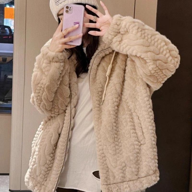 Imitation Rex rabbit fur jacket women's light winter loose stand-up collar thickened imitation mink hair twist coat