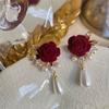 Retro Hong Kong Style Autumn and Winter Burgundy Black Velvet Rose Pearl Earrings Temperament Earrings 1111 New Trend