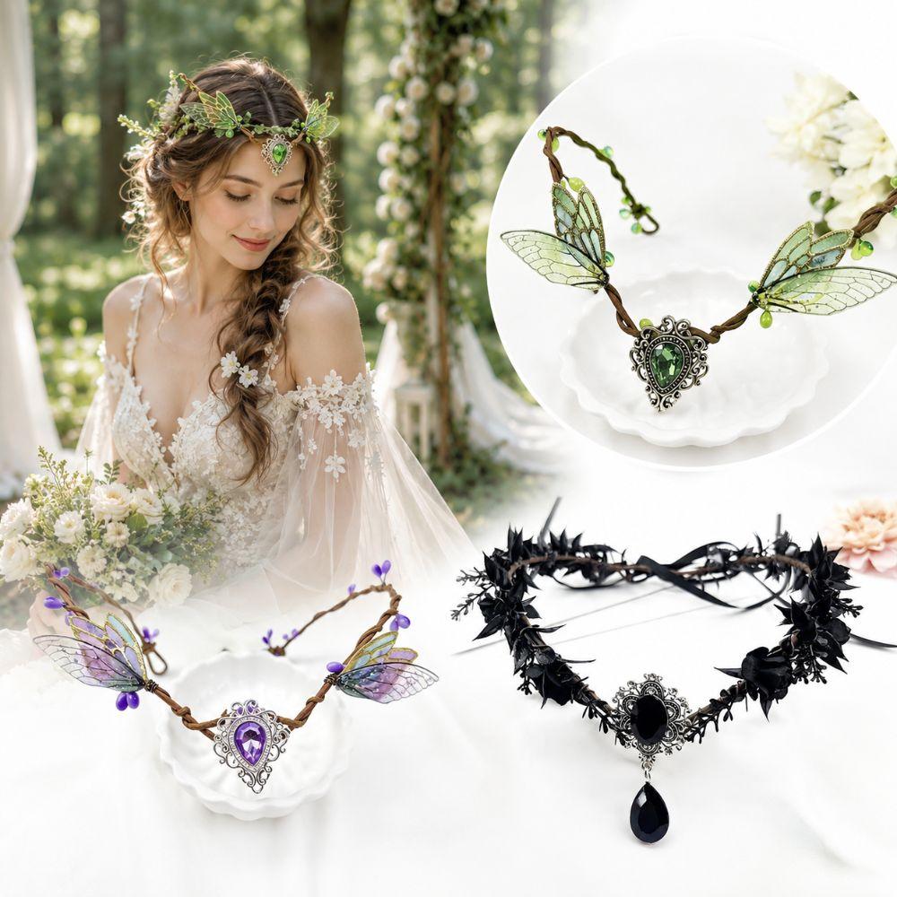 Rhinestone Decorated Fairy Flower Leaf Headbands Elven Princess Tiara Photoshoot Costume