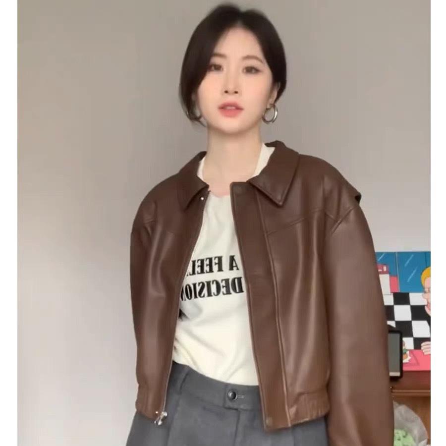 

Ретро локомотивная одежда короткая хулиганская красивая кожаная куртка женская весенне-осенняя новая маленькая повседневная куртка XL темно-коричневого