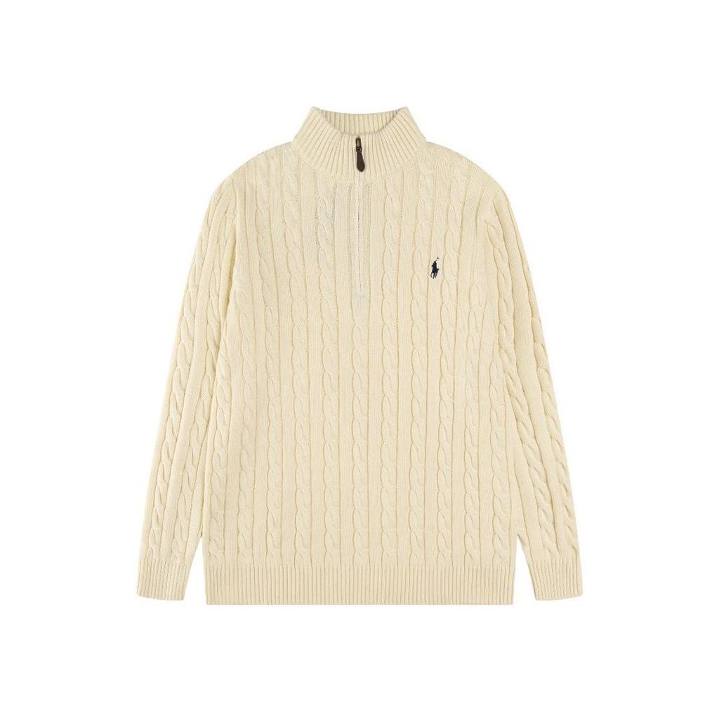 Herren Zopfmuster Pullover mit halbem Reißverschluss und gesticktem RL Pony Logo