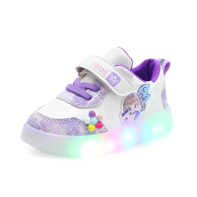 Zapatos deportivos para niñas con luz LED, suela suave para niños, zapatos casuales de princesa rosa y morado