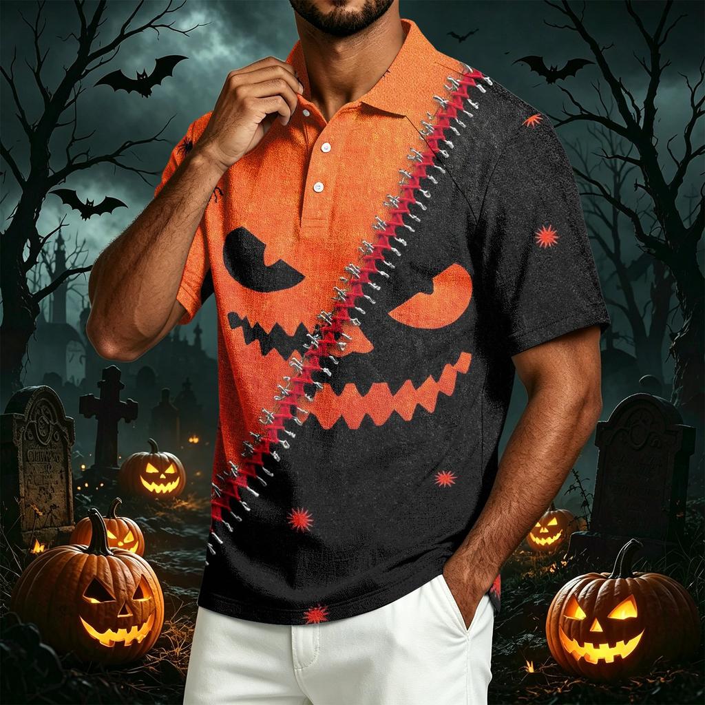 Men's Casual Short Sleeve Polo Shirt Lightweight Breathable Cotton Linen Fabric Halloween Print Design Button Down Collar