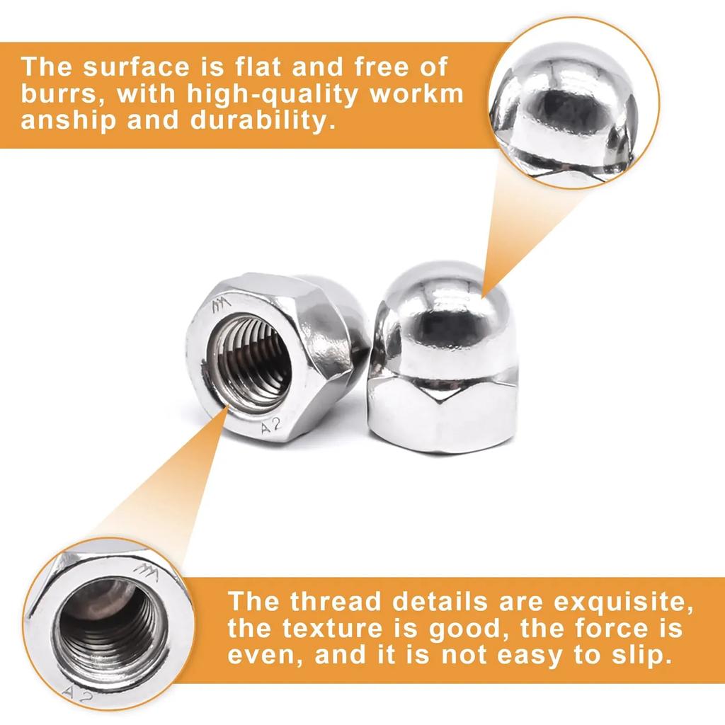 48Pcs Outer Hexagonal Round Head Nuts,304Stainless Steel Acorn Cap Nuts, Suitable For Automotive Tire Installation