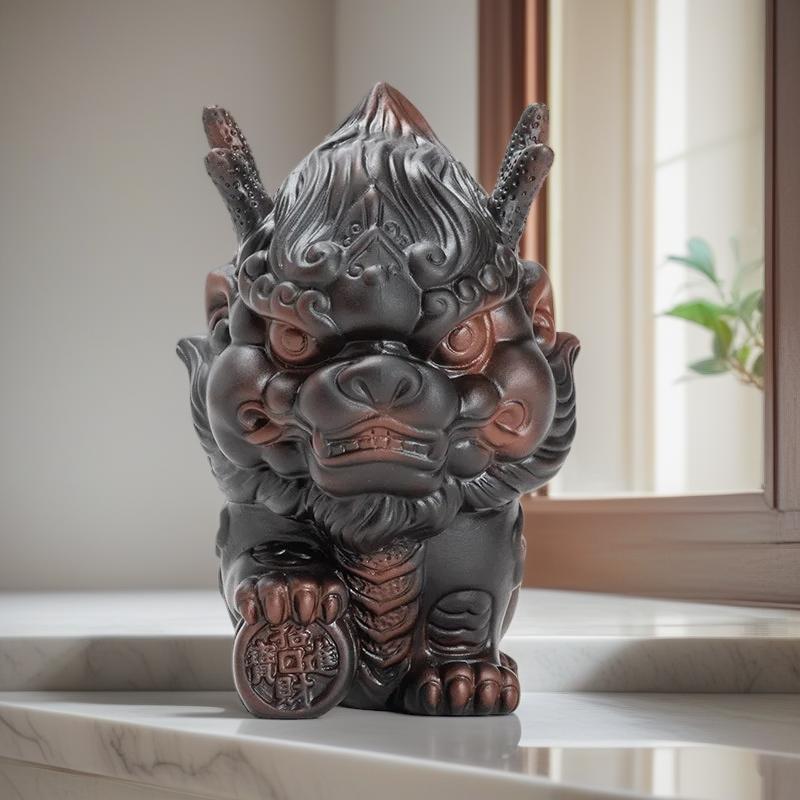Ceramic Fortune Kylin Statue -Chinese Mythological Kylin Sculpture -Home Office desktop mascot Best Selling Feng Shui Ornament
