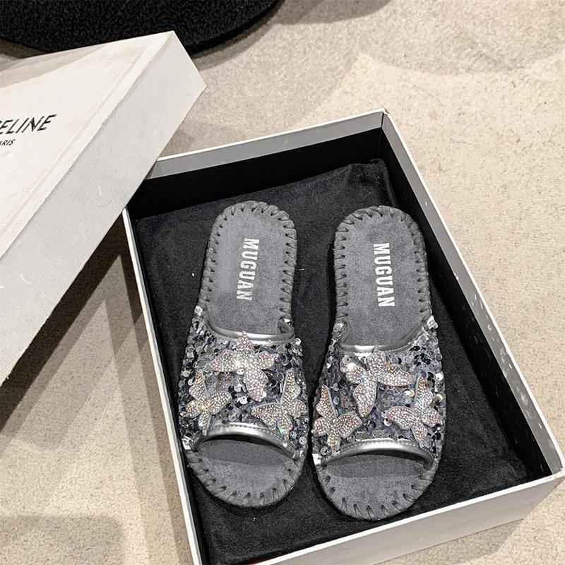 Fashion Aphixta Bling Butterfly Slippers Woman Shoes For Summer Outdoor Luxury Slides Gold Sequine Upper Sewing Slides chanclas de mujer