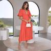 2025 Summer Deep V-neck Puff Short Sleeve Fashion Women Dress New Elegant Solid Color Loose Party Medium and Long Dress Women Slim Fit Women Clothing