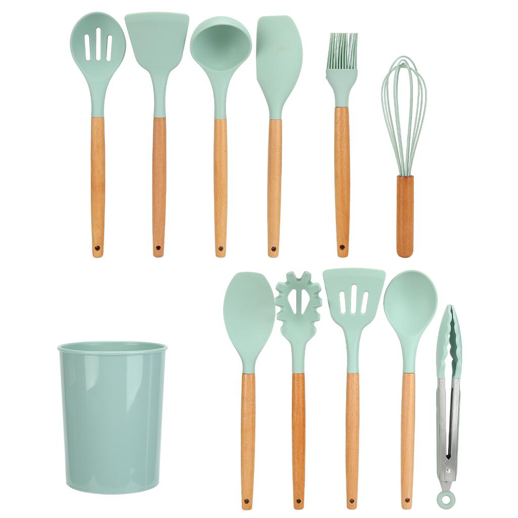 12Pcs/Set Cooking Utensil with Wooden Handle Silicone Cooking Tool for Home KitchenLight Green