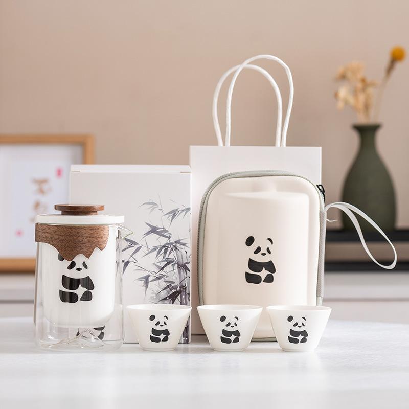 Panda Merchandise Travel Tea Set a Pot of Three Four Six Cups Suet Jade Porcelain High-end Corporate Business Gift Set