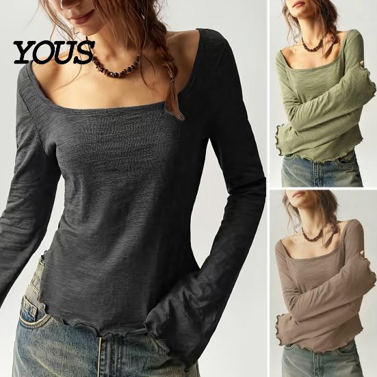 Regular Fit Women Tops Square Collar Blouse, Ruffle Cuff Hem Bell Sleeve Top, Office Wear Blouse Breathable Solid Color Casual Shirt for Early Autumn