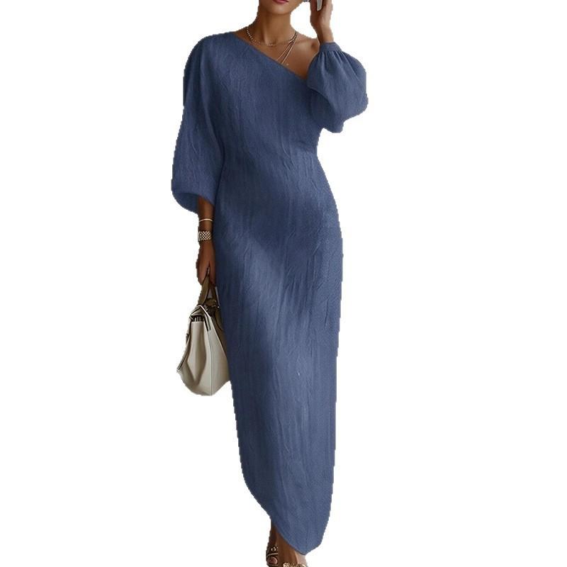Women's clothing, new spring models in Europe and America, lazy style solid color slanted shoulder thin long dress dress
