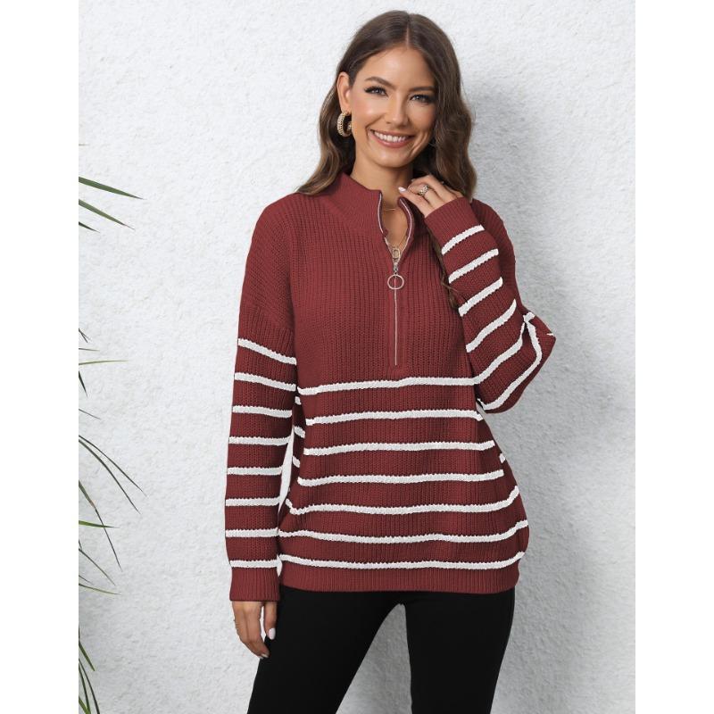 Women's Autumn/Winter Knitted Stripe Patchwork Half High Neck Zip Loose Woven Sweater