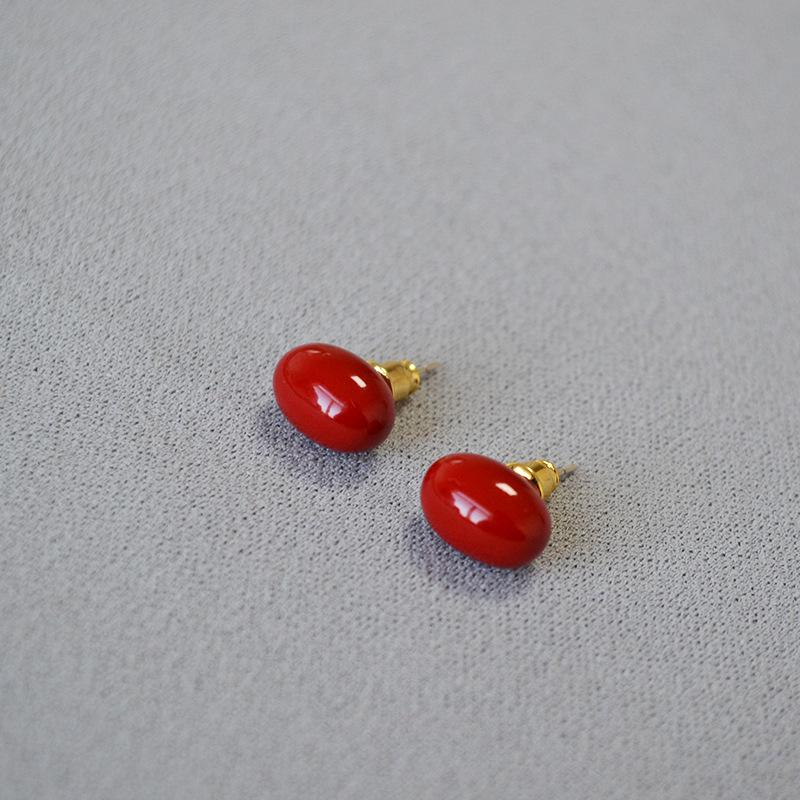 Japanese & Korean Retro Wine Red Enamel Acacia Bean 925 Silver Earrings for Women