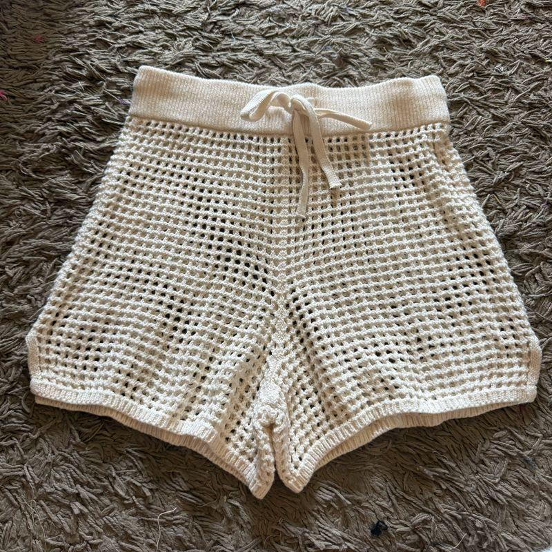 

American Style Summer a Holiday Style * F Beach Casual Hollow Knit shorts Women s B creamy-white L