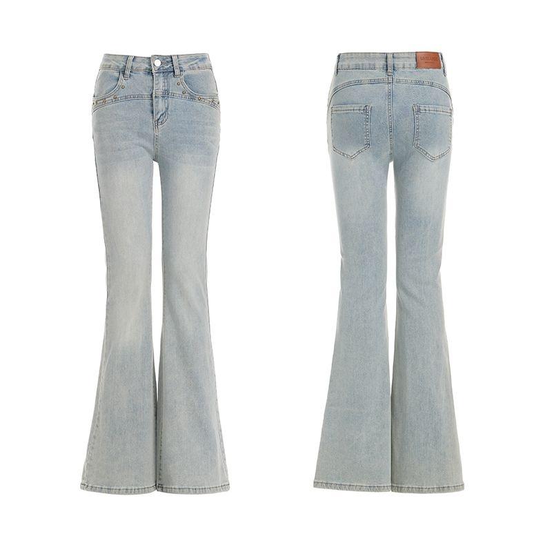 Ge Di Jie Light Blue Washed Slimming, Hip Lifting, Elastic High Waist, Micro Flared Jeans for Women