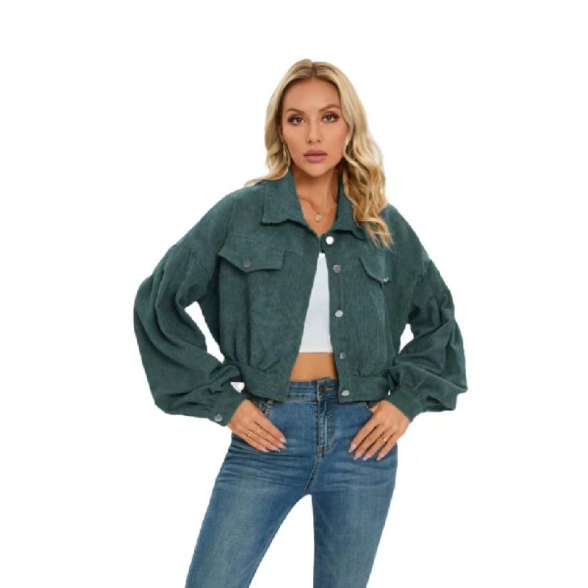 European and American Style Autumn Winter Casual Corduroy Jacket with Lantern Sleeves and Single Breasted Short Coat for Women