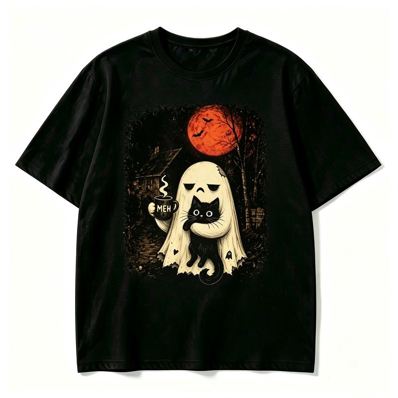 Ghost Black Cat Coffee T Shirt Vintage Retro Red Moon Bat Graphic Tee Halloween Unisex Casual Short Sleeve Pumpkin Season Tops