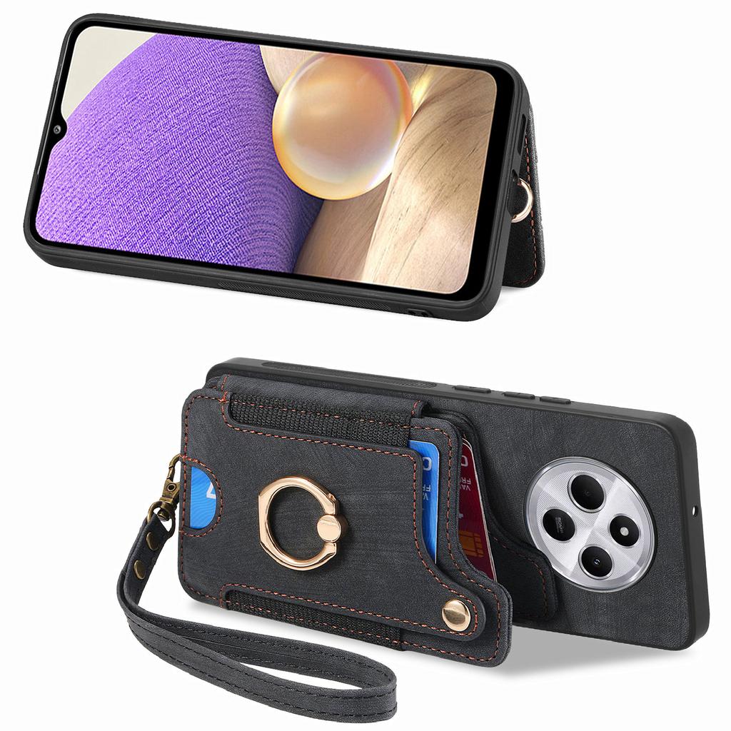 RFID Blocking Case For Xiaomi Redmi 14C 4G/14R 5G/Poco C75 4G Handbag Leather+TPU Phone Cover Card Slots,Ring Holder