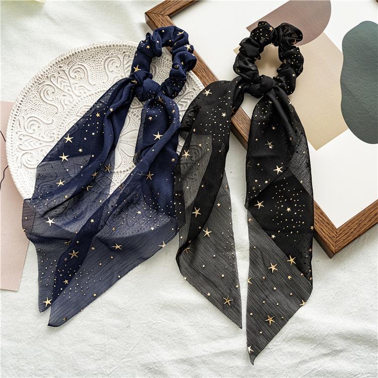 Fashion Print Bow Scrunchies Chiffon Elastic Hair Woman Bands Star Silk Hair Ties Ponytail Bow Design All-match Hair Accessories
