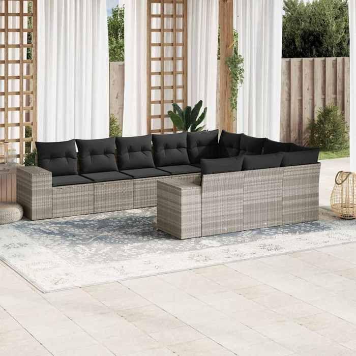 VidaXL Salon de Jardin avec Coussins 10 pcs, Canapés avec Dossier, Ensemble de Meubles, Mobilier de Terrasse Patio, Gris 3223091