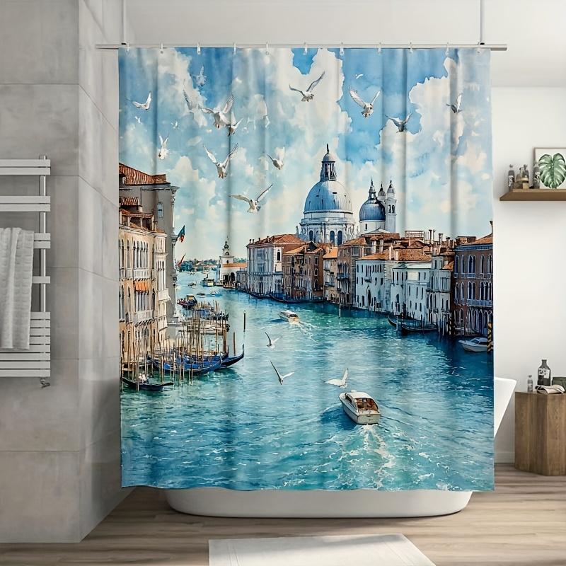 1PC Venice Grand Canal Print Shower Curtain,Durable Polyester Fiber, Machine Washable with Hooks, for Bathroom & Bathtub Decor