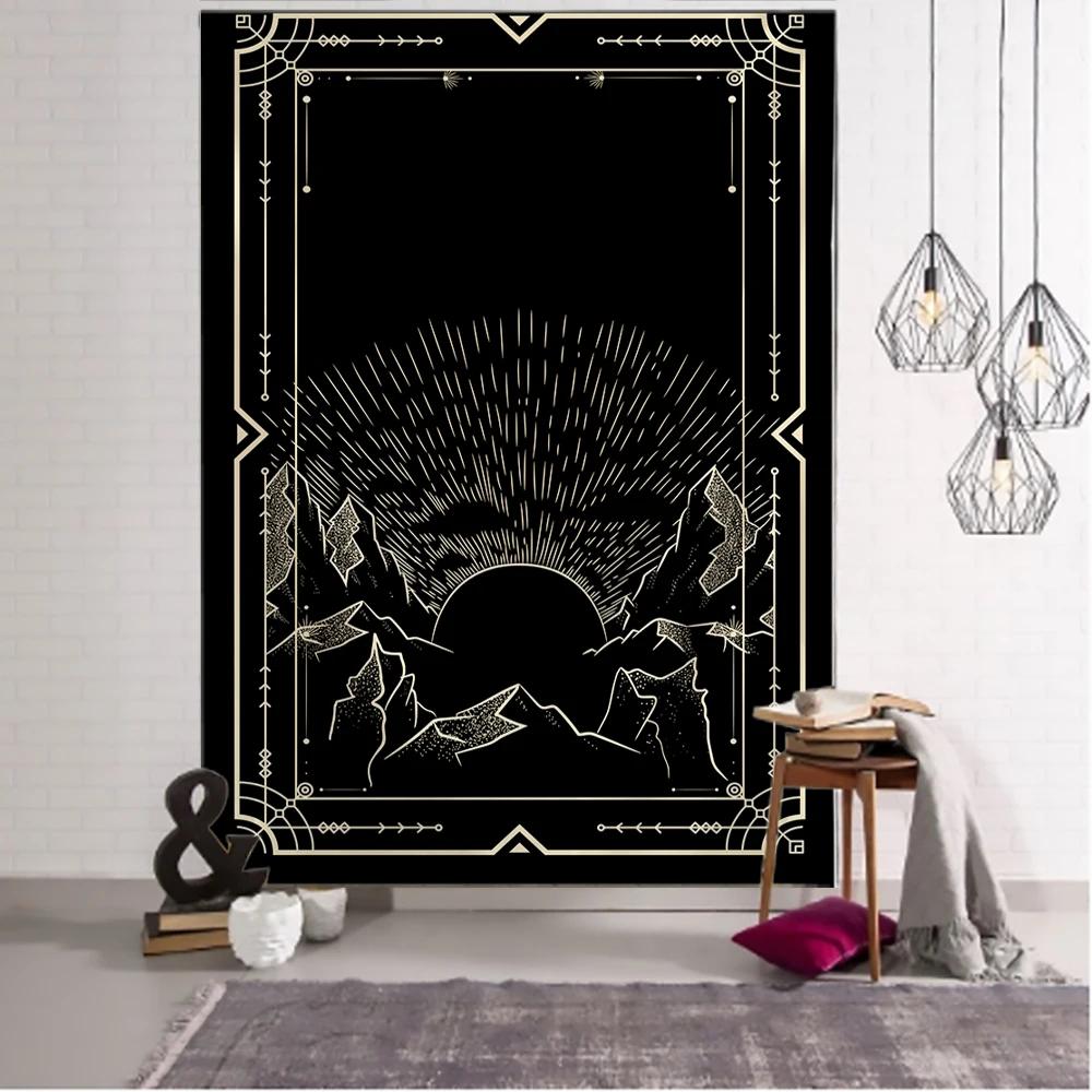Witchcraft Tarot Tapestry Wall Hanging Black Khaki Sun Moon Starry Universe Geometric Pattern Dormitory Home Decoration Curtains