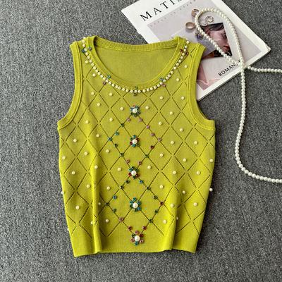 Summer Women O-neck Sleeveless Luxury Diamond Pearl Beading Knitted Tank Vest Sweater Pullover Short Tops