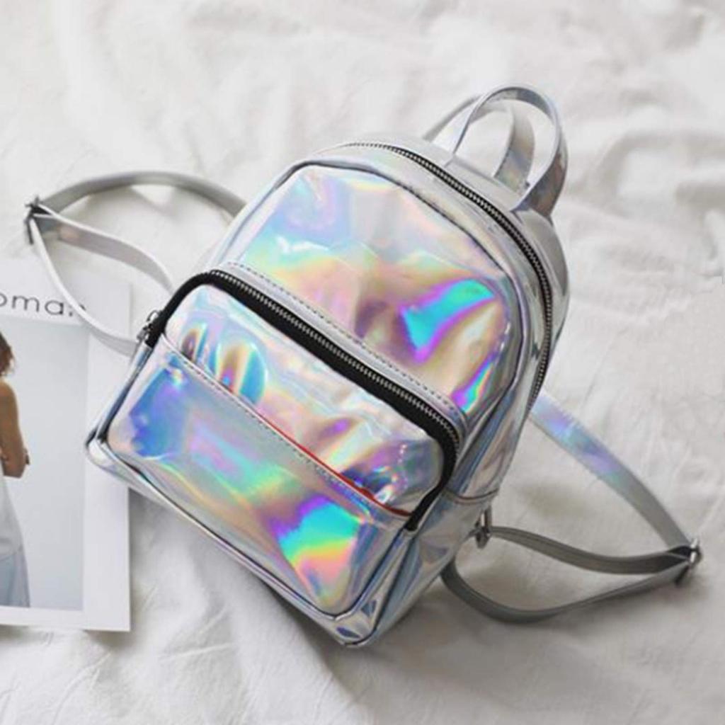 APOSITV Women's Metallic Backpack, Small, Silver and Pink, Sparkly, Lightweight, Hologram (Silver Metallic)