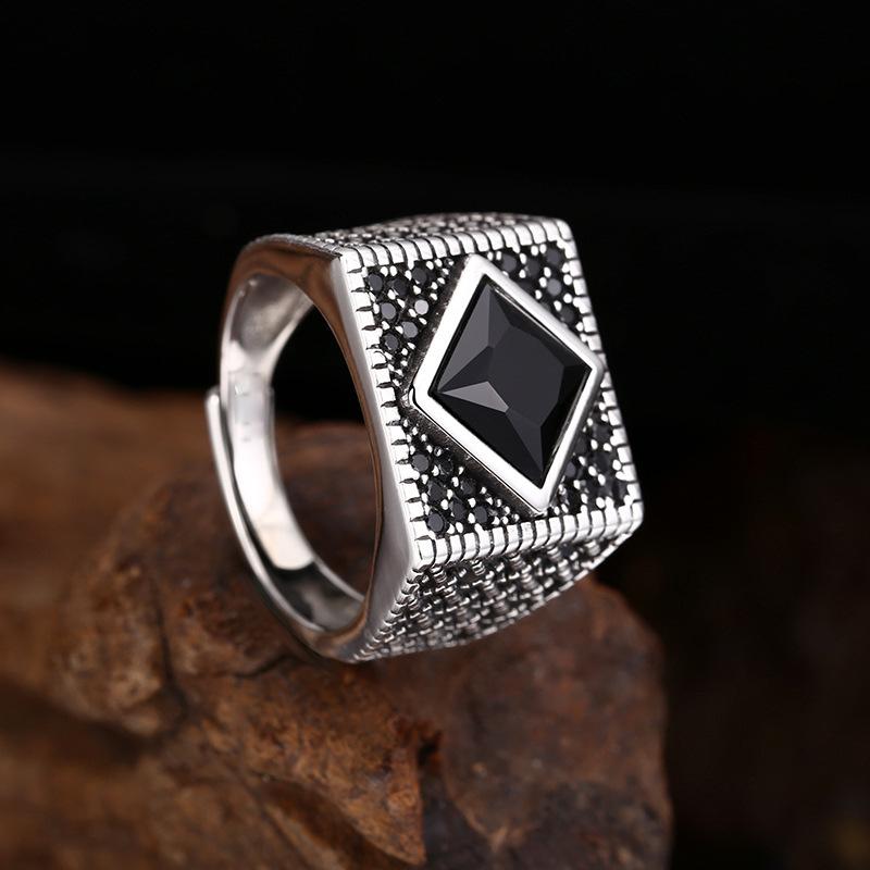 Silver Colored Ring, Retro Black Stone Opening, Retro Trend, Personalized Men's and Women's Jewelry
