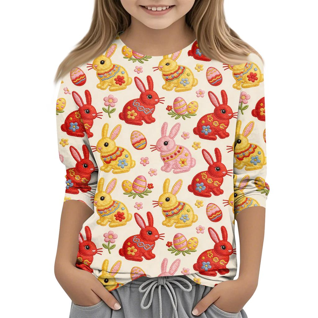 Children's Seven Quarter Sleeve Easter Print Round Neck Print Casual Top