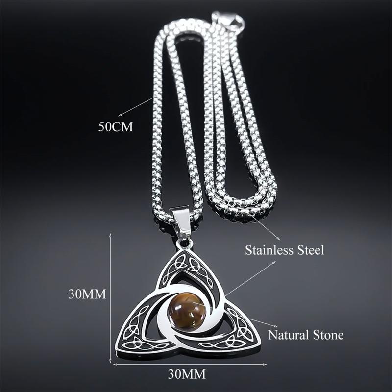 Viking Trinity Knot Necklace for Women Men Stainless Steel Tiger Eye Stone Irish Celtic Lucky Amulet Necklaces Jewelry N3806S02