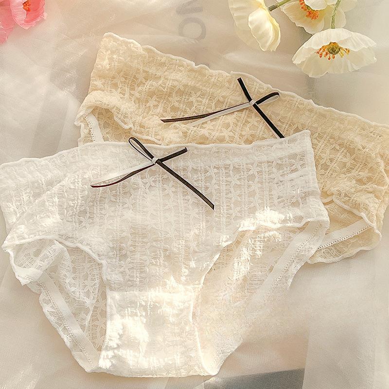 Vielseitige Schleifenspitzen-Unterwäsche für Mädchen Transparent Ausgehöhlt Sexy Slips Baumwollzwickel Dreieckige Slips