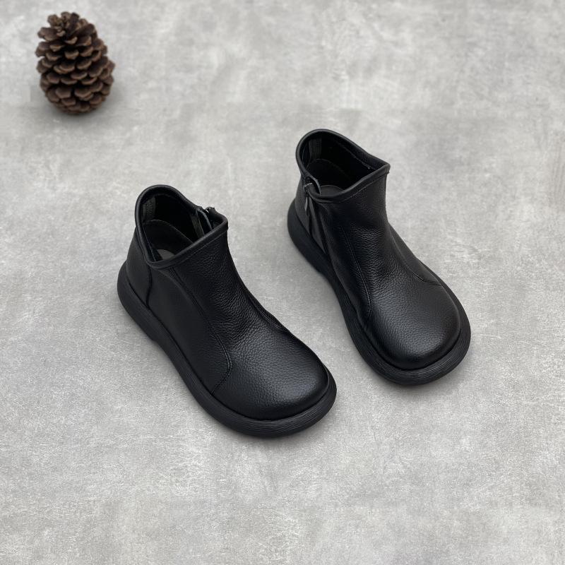 Johnature Handmade Genuine Leather Ankle Boots Casual Round Toe Side Zipper Soft Soled Cowhide Women's Shoes