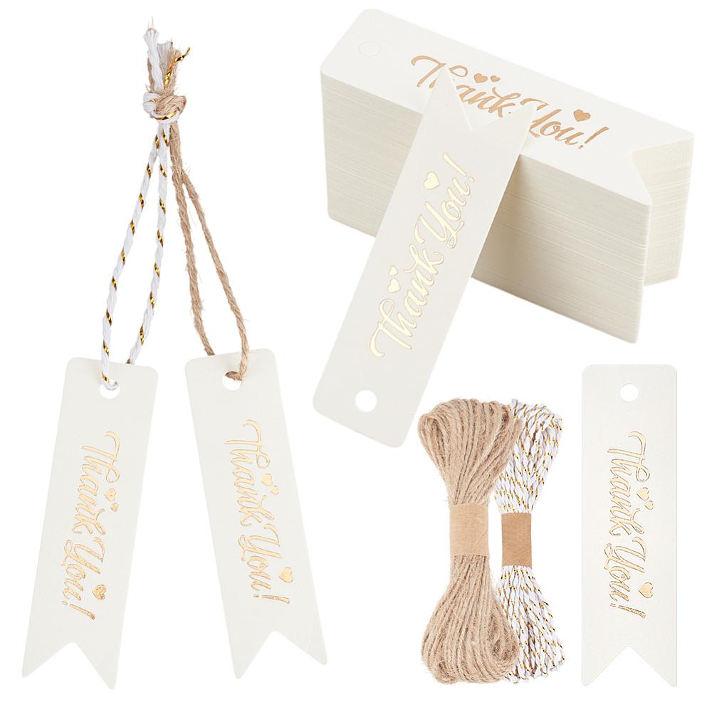1set 100pcs Kraft Paper Thank You Gift Tags Rectangle with 10M Metallic String Threads and 10M Jute Cord White Gift Tag: 7x2x0.03cm