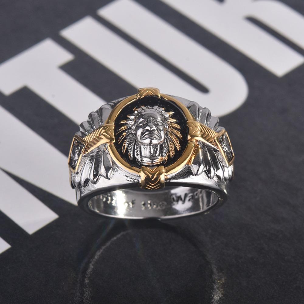 Viking Warrior Two Tone Ring Hip Hop Style with Indian Spirit Totem Black Resin Ring