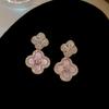 Pink four-leaf clover flash diamond stud earrings, pink shells burst, exquisite flower earrings, elegant earrings with temperament