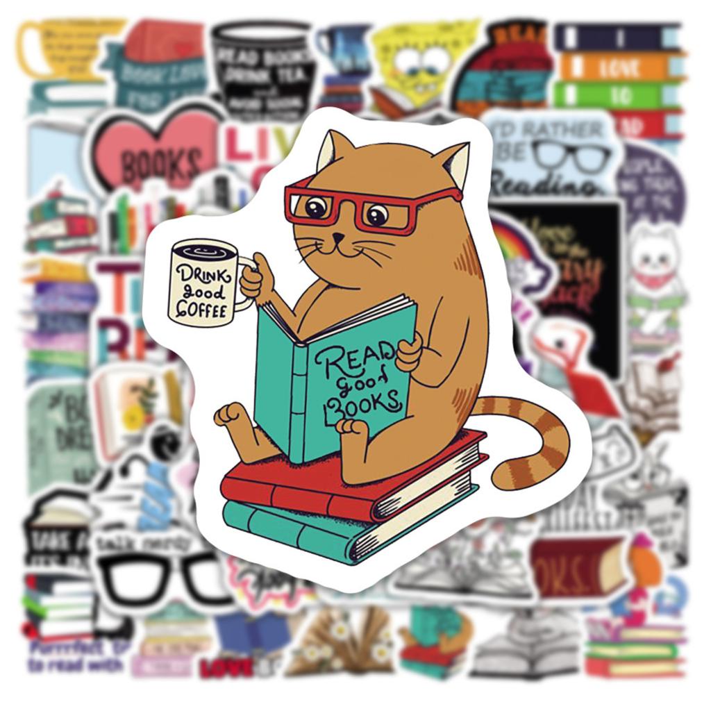 50pcs Reading Stickers Book Lover Cartoon Characters Waterproof DIY Decorative Stickers for Water Bottles Cars Laptops Scrapbooking