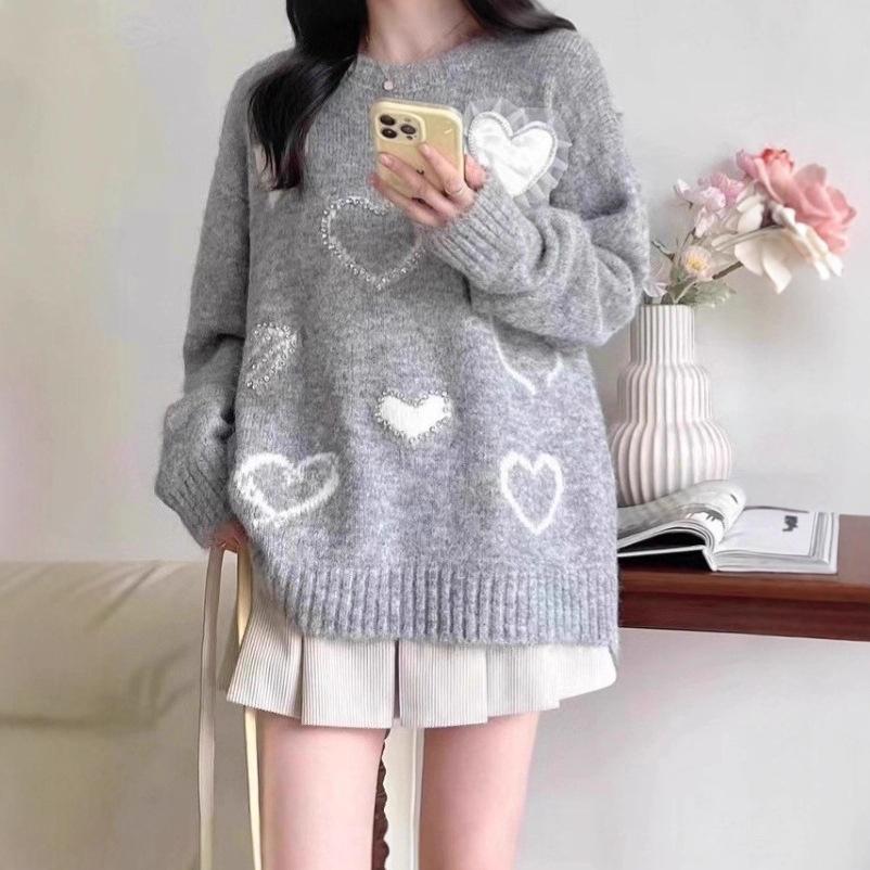 Korean autumn and winter new hot diamond love pullover sweet sweater lazy loose versatile casual fashion top