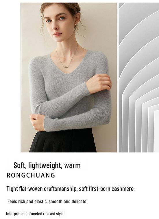 Women's Seamless V-Neck Ribbed Cashmere Sweater - Slim Fit Base Layer for Autumn/Winter