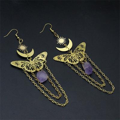 Altın Rengi Güneş Ay ve Kelebek Sallantılı Küpeler Yapay Mor Kristalli Vintage Kulak Takısı Günlük Dekor İçin Sarkan Kısa Zincirler