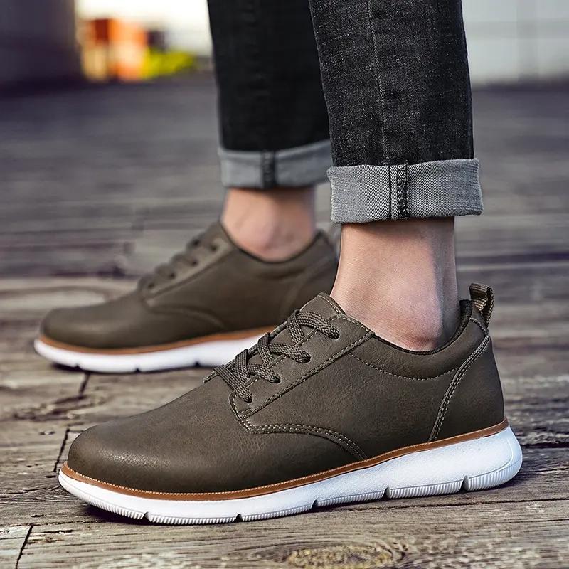 Fashion Size 48 Men Sneakers Brown Leather Business Casual Shoes Low-top Lace-up Soft-soled Driving Shoes Summer Thick-soled Vulcanized