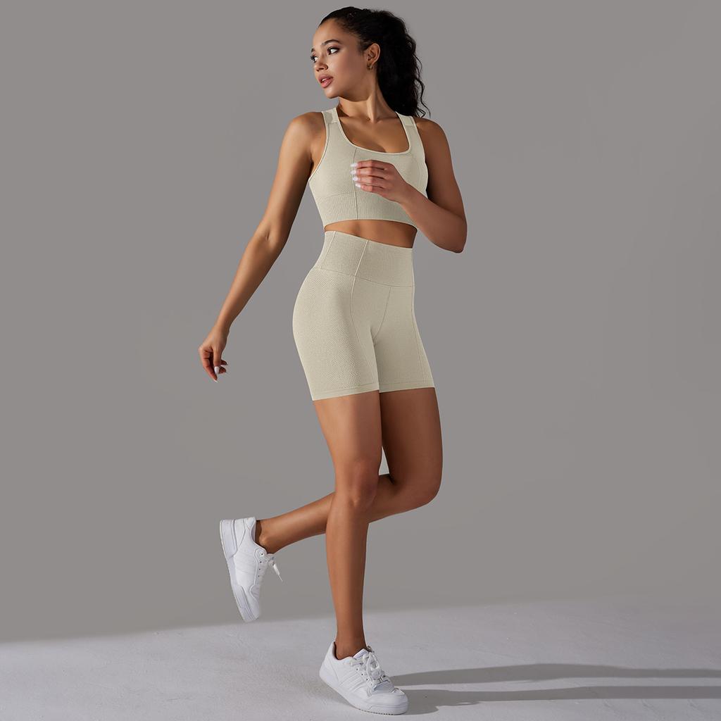 Nessaj Yoga Clothing Set Women Seamless Knit Gym Set Solid Colour Shorts Backless Fitness Underwear Sportswear