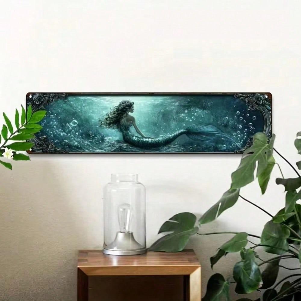 Retro Mermaid Seashell Metal Wall Sign, 3.94x15.74 Inch Flat Iron Decor, Vintage Rustic Coastal Art for Bathroom
