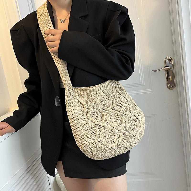 Schoolbag Women's Dark Brown Exquisite Straw Woven Personalized Wavy Pattern Solid Color Shopping Bag Spring New Hollow Shoulder Messenger Bag
