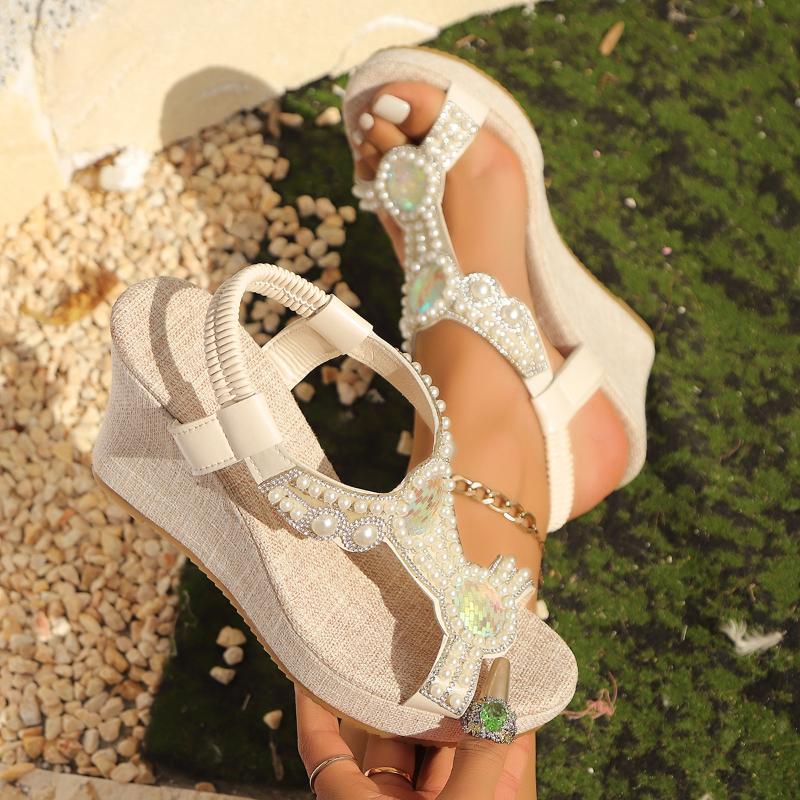 Fashion 2025 New Large Thick Bottom Slope Heel Sandals New Style Trendy High Heels Pearl Decoration Roman Sandals
