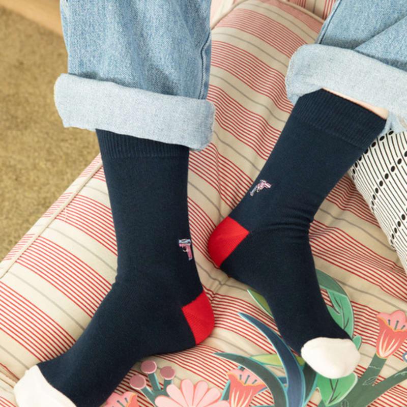 SNOOZY Pink Gun Embroidered Socks (Navy Red)