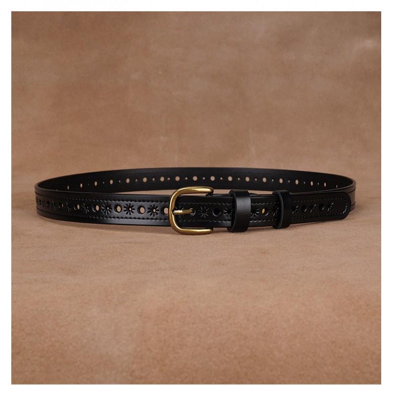Womens Genuine Leather Belt With Hollow Cut Design Slim Waistband Casual Office Jeans Outfits Zinc Alloy Pin Buckle